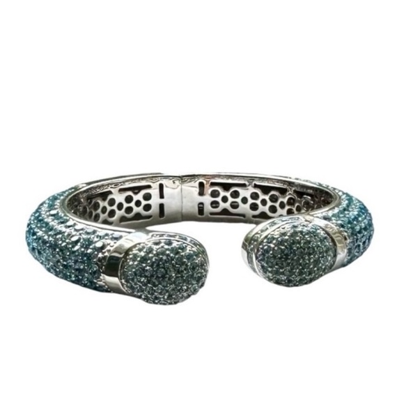 Joan Boyce Aqua Blue Pave Crystal “Kissable" Silver Cuff Bracelet - Picture 8 of 8